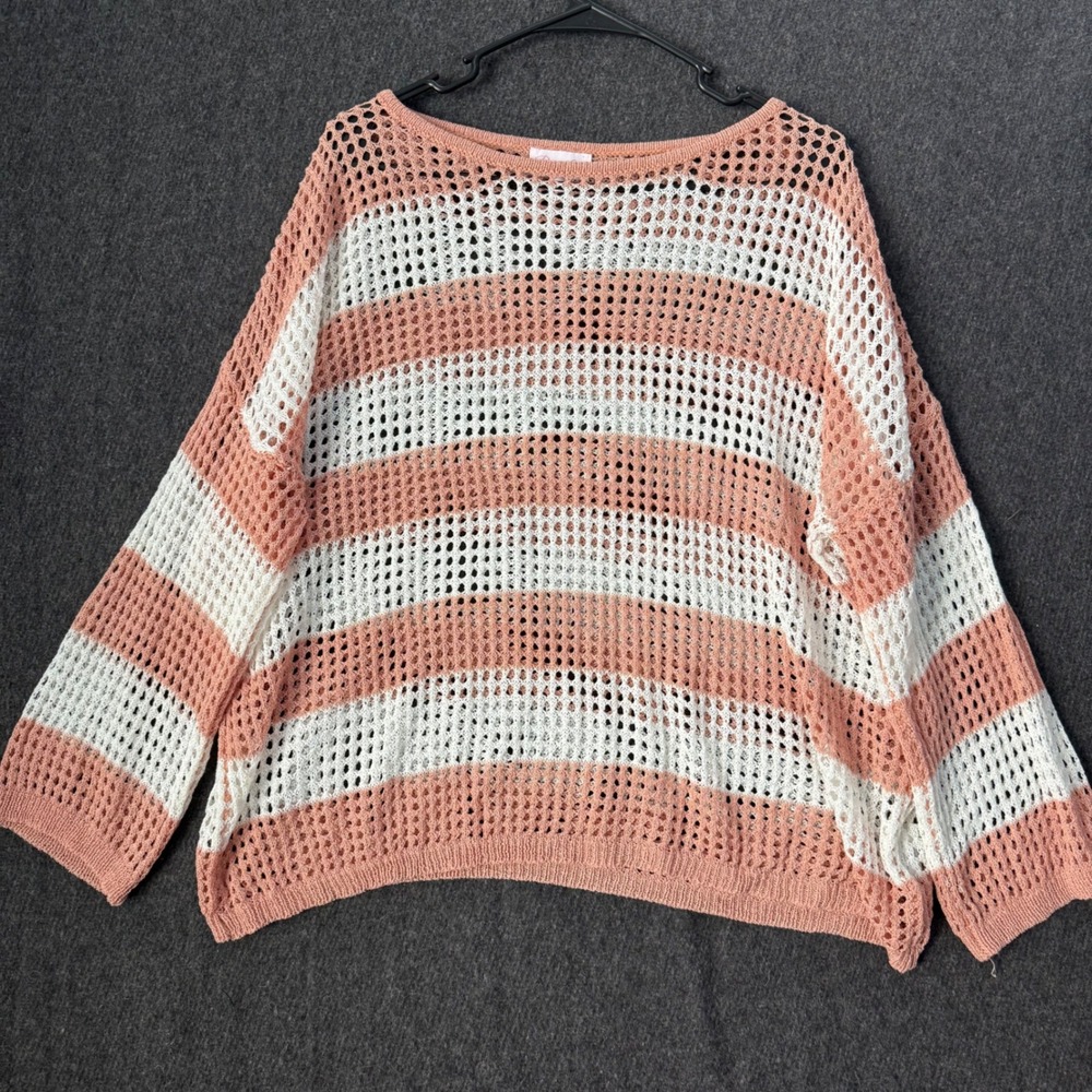 Womens‎ Pink White Striped Open Knit Crochet Sweater Large Beach Sheer boho